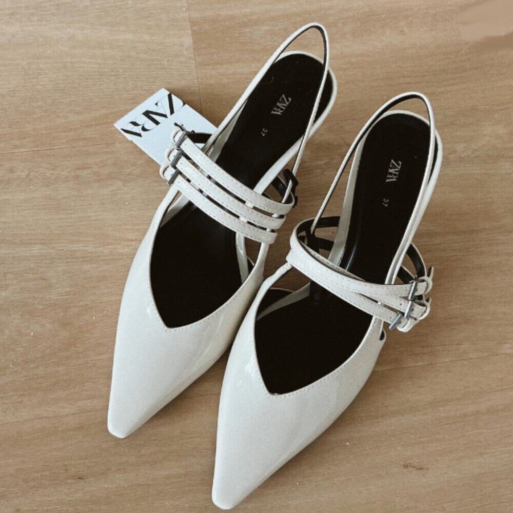 ZARA White Slingback Kitten Heels NWT Pointed Toe Buckle Strap Pumps Size 8 - Picture 8 of 16